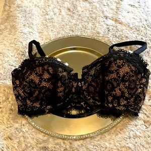 32E Sexy black bra with nude liner Montelle Intimates. Crystal flower center